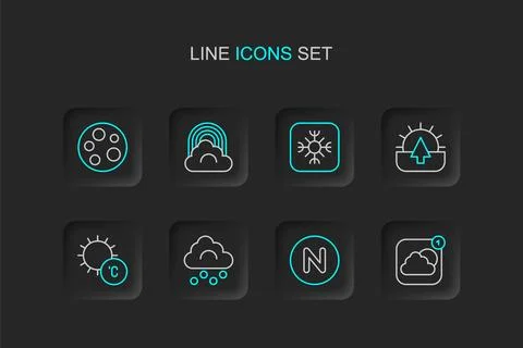 Set line Weather forecast app, Compass north, Hail cloud, Sun, Sunrise, Sno.. Stockillustratie