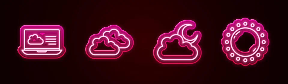 Set line Weather forecast, Cloud, with moon and Sun. Glowing neon icon. Vector Stock Illustration