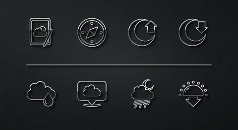 Set line Weather forecast, Cloud with rain, Moon, and moon, Location cloud Stock Illustration