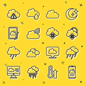 Set line Weather forecast, Cloud with rain, snow and sun, Rainbow clouds, Storm Stock Illustration