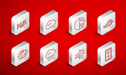 Set line Weather forecast, Cloud, Eclipse of sun, Cone meteorology windsock.. Ilustração Stock