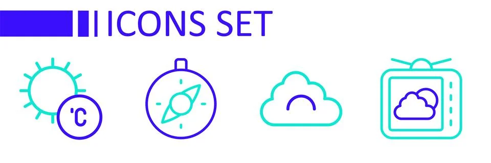 Set line Weather forecast, Cloud, Compass and Sun icon. Vector イラスト素材