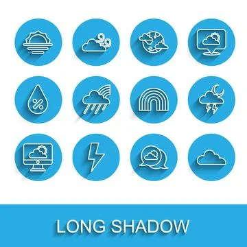 Set line Weather forecast, Lightning bolt, Sunrise, Location cloud, Cloud, .. Illustrazione stock