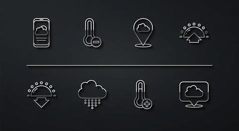 Set line Weather forecast, Sunset, Sunrise, Meteorology thermometer, Cloud with Stock Illustration