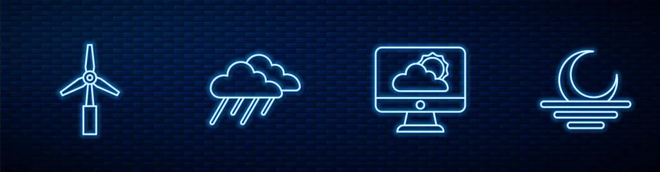 Set line Weather forecast, Wind turbine, Cloud with rain and Sunset. Glowing Stock Illustration
