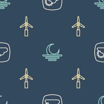 Set line Weather forecast, Wind turbine and Sunset on seamless pattern. Vector Stock Illustration