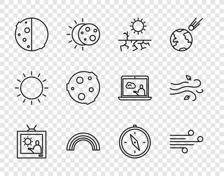 Set line Weather forecast, Wind, Drought, Rainbow, Eclipse of sun, Moon, Compass Stock Illustration