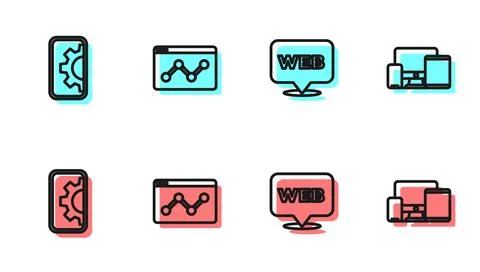 Set line Web and graphic design, development, Website statistic and Monitor Stockillustratie