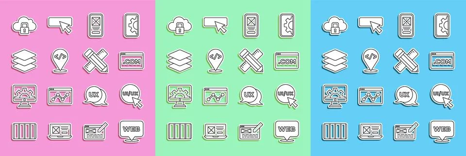 Set line Web and graphic design, UI or UX, Front end development, Layers, C.. Illustrazione stock
