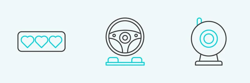 Set line Web camera, Like and heart and Racing simulator cockpit icon. Vector 스톡 일러스트
