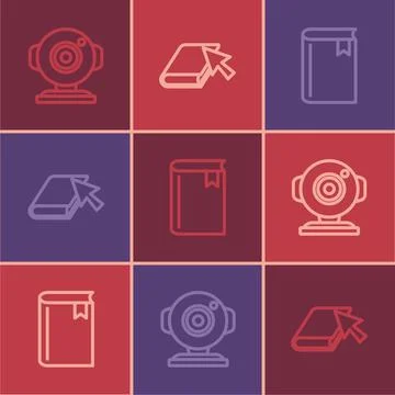 Set line Web camera, Book and Online book icon. Vector Illustrazione stock