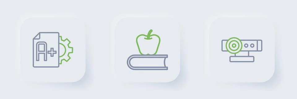 Set line Web camera, Book with apple and Exam sheet A plus grade icon. Vector Stock Illustration