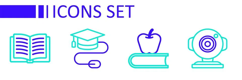 Set line Web camera, Book with apple, Graduation cap mouse and Open book ic.. Stock Illustration