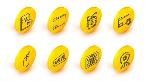 Set line Web camera, Calendar, Office stapler, Computer mouse, Folder settings Stock Illustration