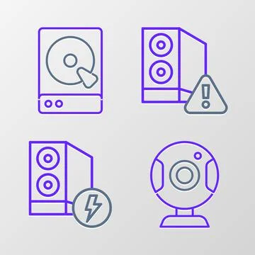 Set line Web camera, Case of computer,  and Hard disk drive HDD icon. Vector 스톡 일러스트