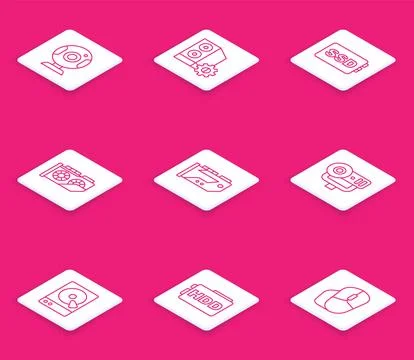 Set line Web camera, Case of computer, SSD card, Video graphic, Hard disk drive 스톡 일러스트