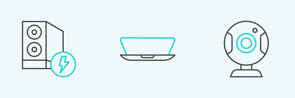 Set line Web camera, Case of computer and Laptop icon. Vector 스톡 일러스트