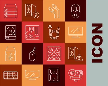 Set line Web camera, Case of computer, Computer monitor screen, LAN cable n.. 스톡 일러스트