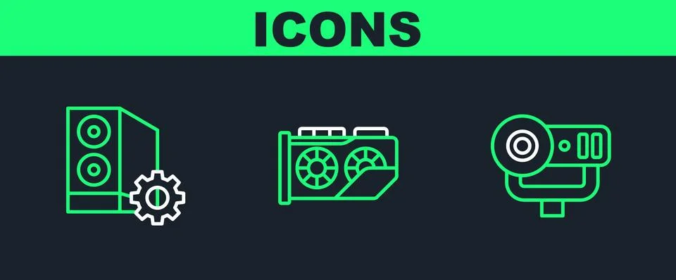 Set line Web camera, Case of computer and Video graphic card icon. Vector 스톡 일러스트