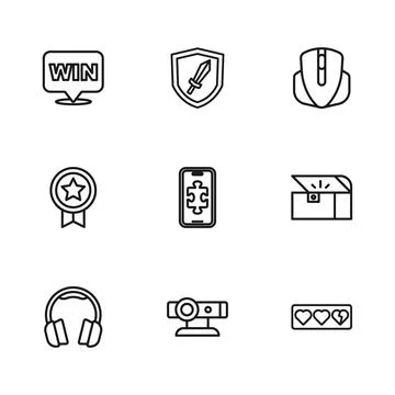 Set line Web camera, Chest for game, Game life bar, Mobile gaming, Computer.. 스톡 일러스트