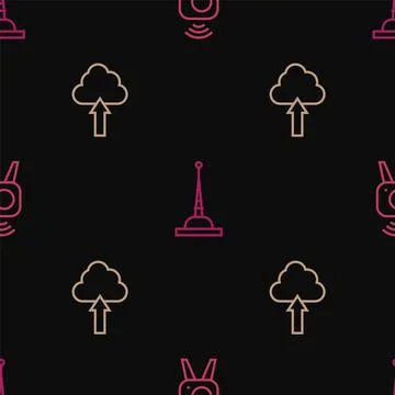 Set line Web camera, Cloud upload and Antenna on seamless pattern. Vector 스톡 일러스트