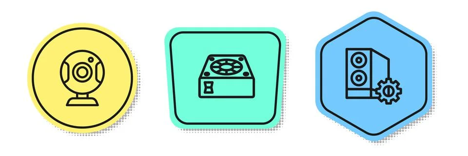 Set line Web camera, Computer cooler and Case of computer. Colored shapes 스톡 일러스트