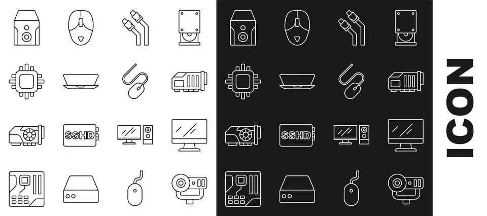 Set line Web camera, Computer monitor screen, Video graphic card, LAN cable 스톡 일러스트