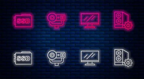 Set line Web camera, Computer monitor screen, SSD card and Case of computer 스톡 일러스트