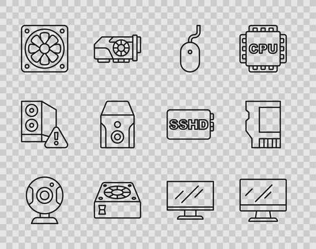 Set line Web camera, Computer monitor screen, mouse, cooler, Uninterruptible 스톡 일러스트