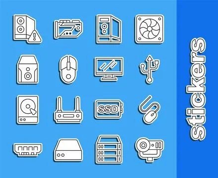 Set line Web camera, Computer mouse, USB, Case of computer, Uninterruptible.. 스톡 일러스트