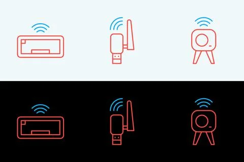 Set line Web camera, Computer keyboard and Usb wireless adapter icon. Vector Stock Illustration