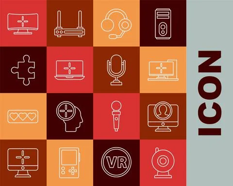 Set line Web camera, Create account screen, Computer monitor, Headphones, Laptop 스톡 일러스트