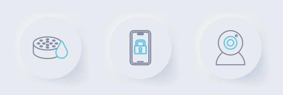 Set line Web camera, Digital door lock and Water sensor icon. Vector Stock Illustration