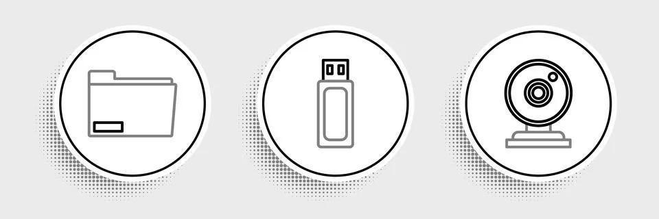 Set line Web camera, Document folder and USB flash drive icon. Vector Illustrazione stock