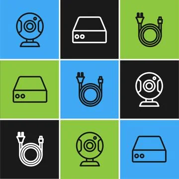 Set line Web camera, Electric plug and Server, Data, Hosting icon. Vector Stock Illustration