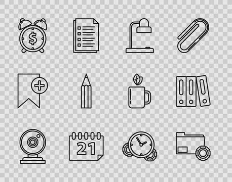 Set line Web camera, Folder settings with gears, Table lamp, Calendar, Alarm  Stock Illustration