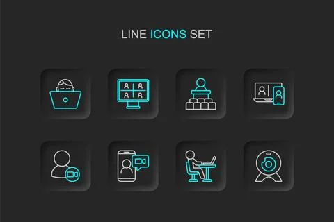 Set line Web camera, Freelancer, Video chat conference, Speaker, and icon. .. 스톡 일러스트