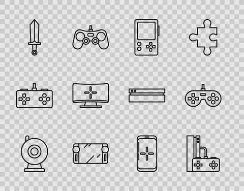 Set line Web camera, Game console with joystick, Portable video game, Sword for Stock Illustration