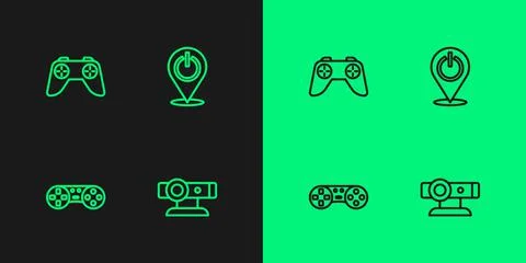 Set line Web camera, Game controller or joystick, and Power button icon. Vector 스톡 일러스트