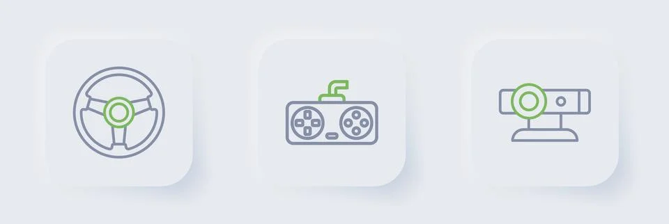 Set line Web camera, Game controller or joystick and Racing simulator icon... Stock Illustration