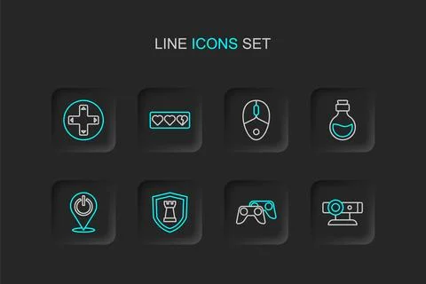 Set line Web camera, Game controller or joystick, Chess shield, Power butto.. Stock Illustration