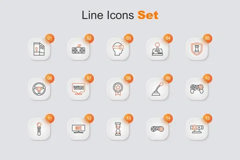 Set line Web camera, Game controller or joystick, Old hourglass, Computer m.. Stock Illustration