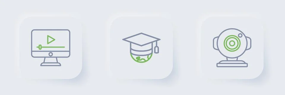 Set line Web camera, Graduation cap on globe and Online play video icon. Vect Stock Illustration