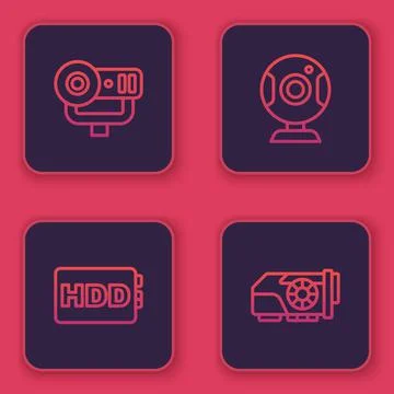 Set line Web camera, Hard disk drive HDD, and Video graphic card. Blue square Stock Illustration