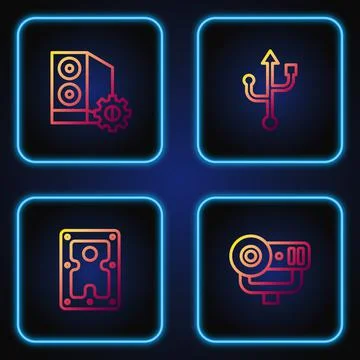 Set line Web camera, Hard disk drive HDD, Case of computer and USB. Gradient Illustrazione stock