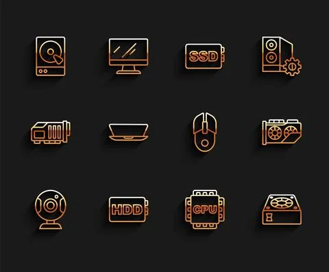 Set line Web camera, Hard disk drive HDD, Processor with CPU, Computer cooler イラスト素材