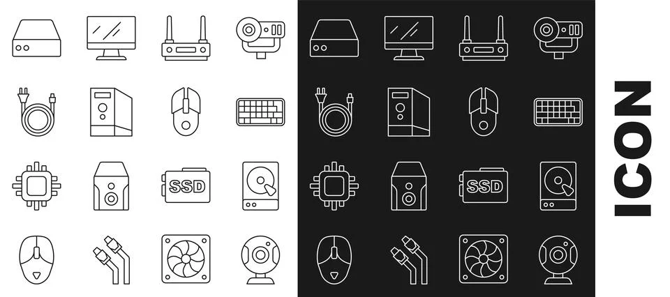 Set line Web camera, Hard disk drive HDD, Keyboard, Router and wi-fi signal Stockillustratie