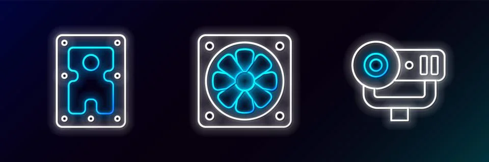 Set line Web camera, Hard disk drive HDD and Computer cooler icon. Glowing neon Illustrazione stock