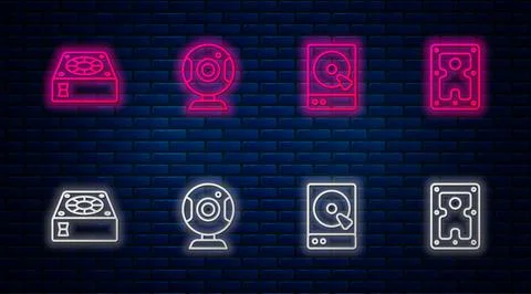 Set line Web camera, Hard disk drive HDD, Computer cooler and . Glowing neon Stock Illustration