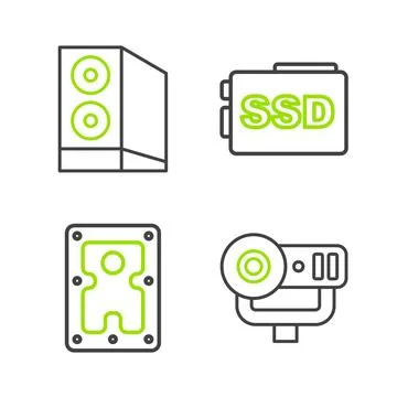 Set line Web camera, Hard disk drive HDD, SSD card and Case of computer ico.. Illustrazione stock